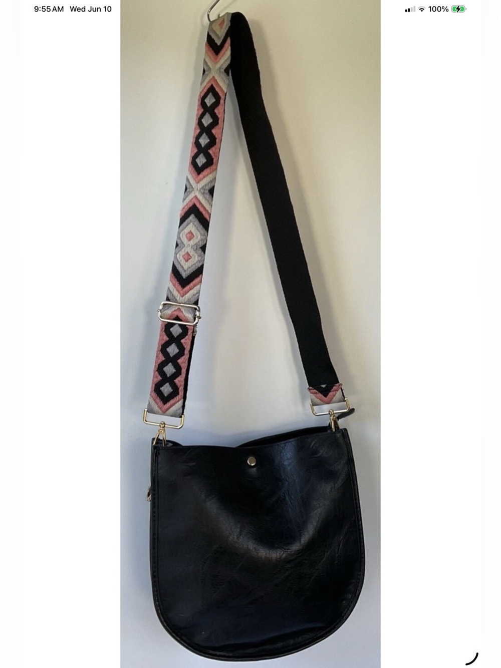 AHDORNED Crossbody Messenger Purse Bag Black Vegan Leather Pink/White GrayStraps